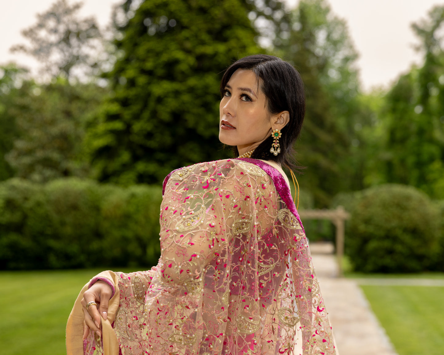 Embroidered Sari- Hot Pink