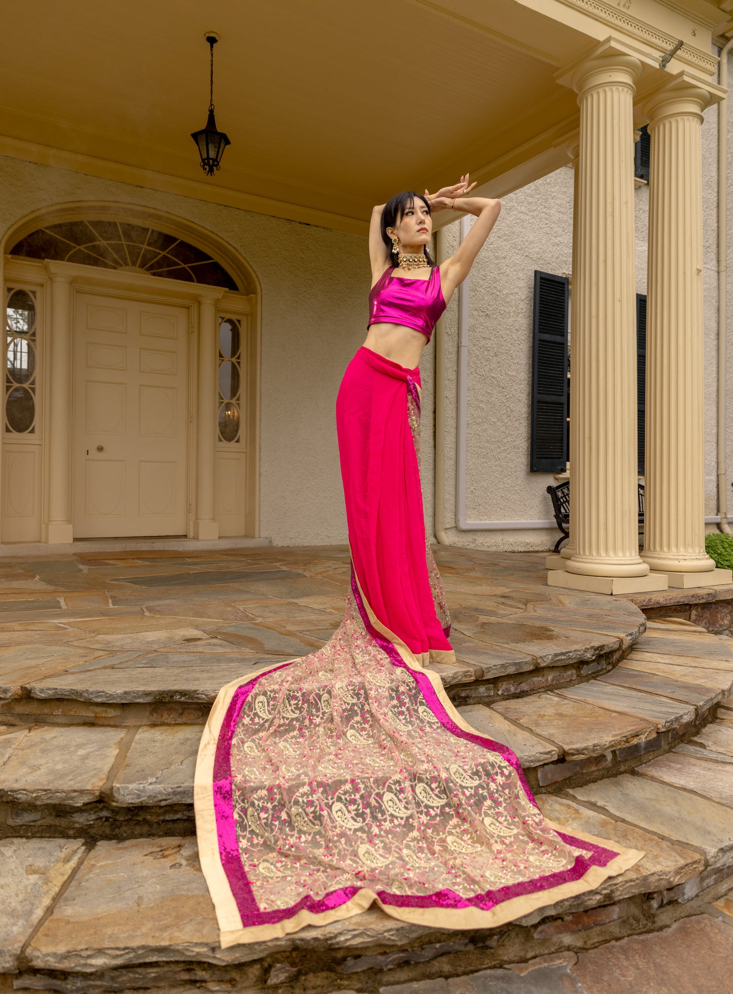 Embroidered Sari- Hot Pink
