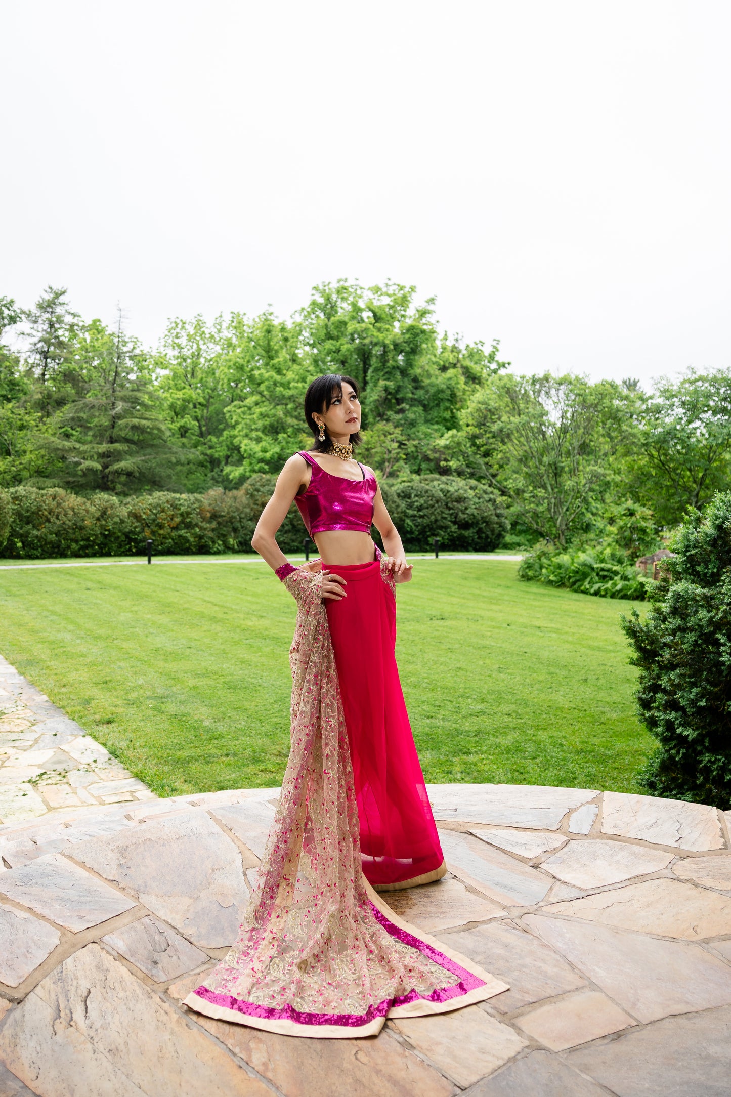 Embroidered Sari- Hot Pink