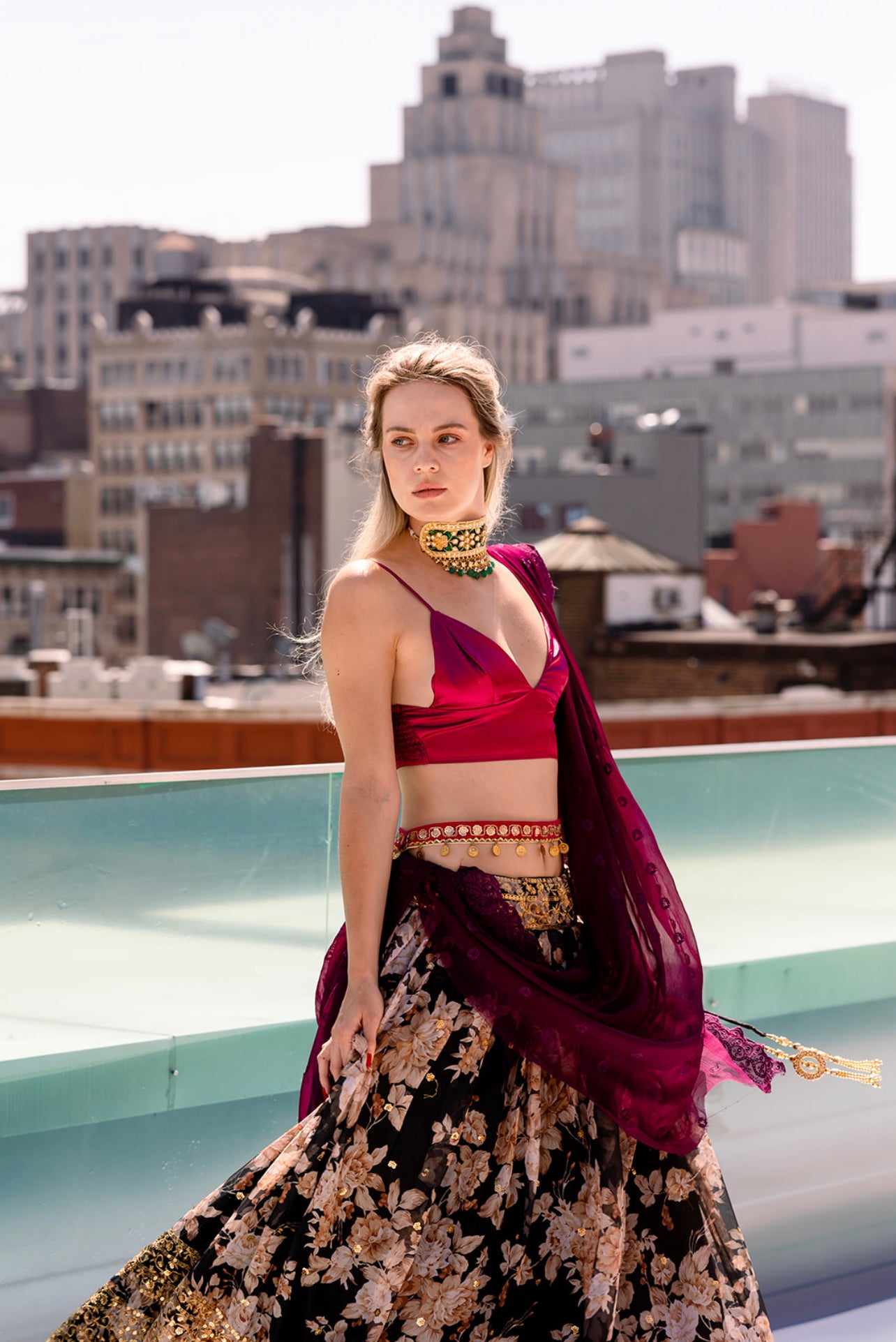 The NYFW statement lehnga for everything festive on your calendar. The lightweight full of glam ensemble has stunning hand embroidered accents adding to the charm