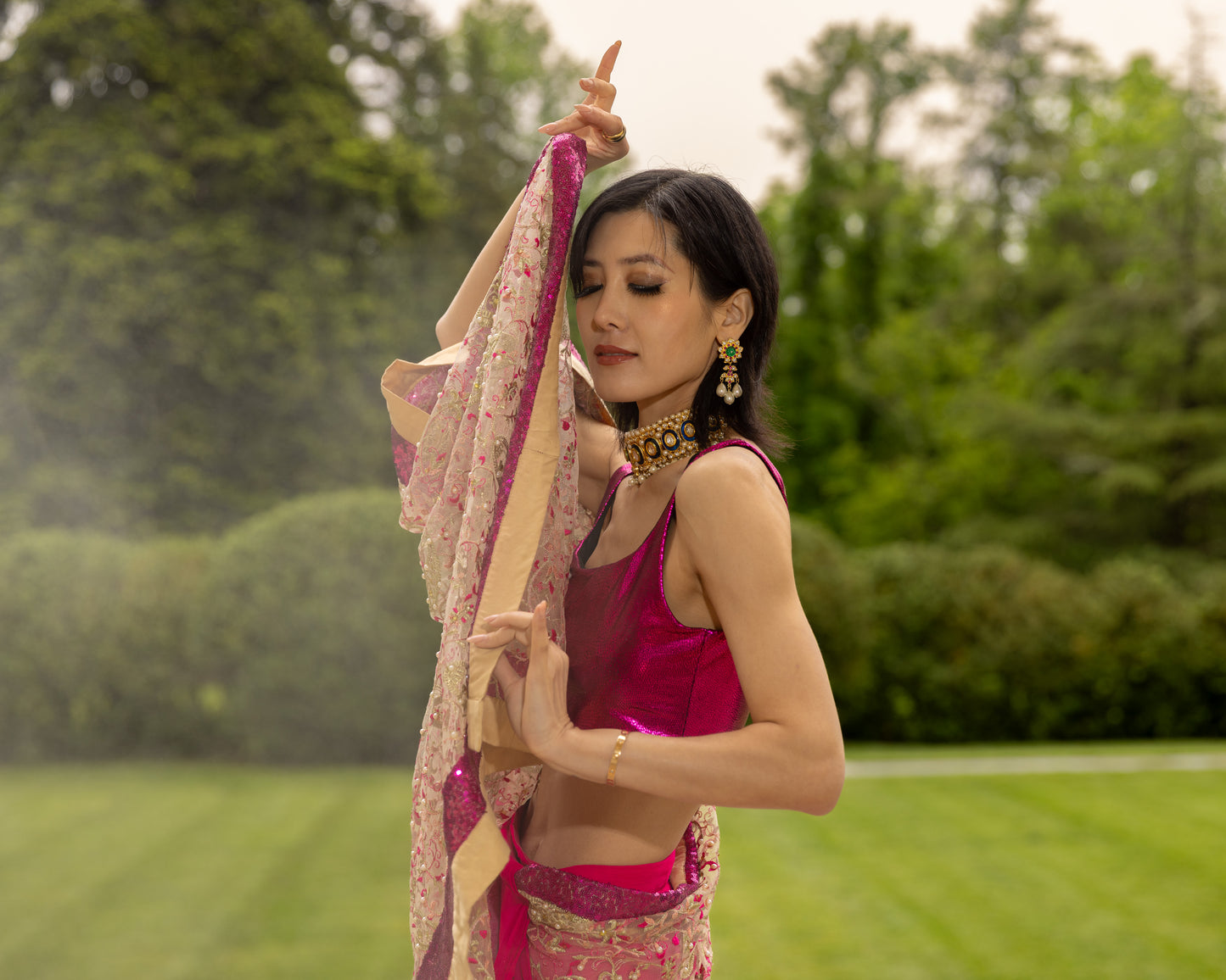 Embroidered Sari- Hot Pink