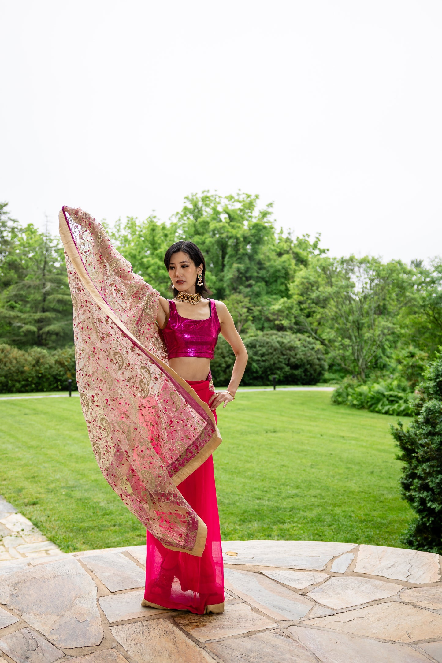 Embroidered Sari- Hot Pink