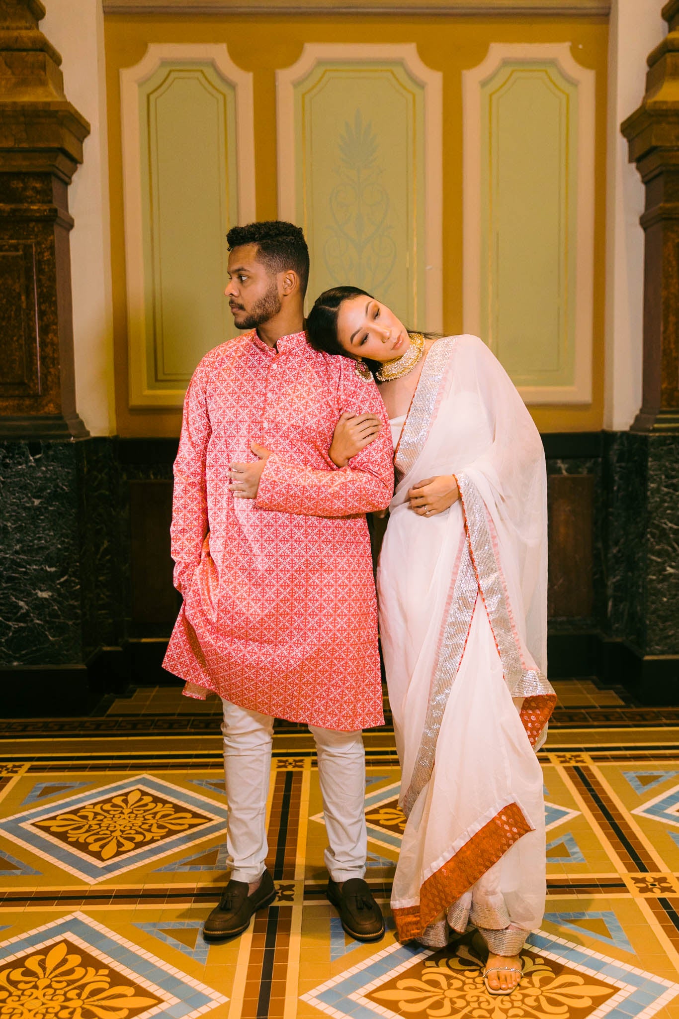 Red and White Block printed Kurta